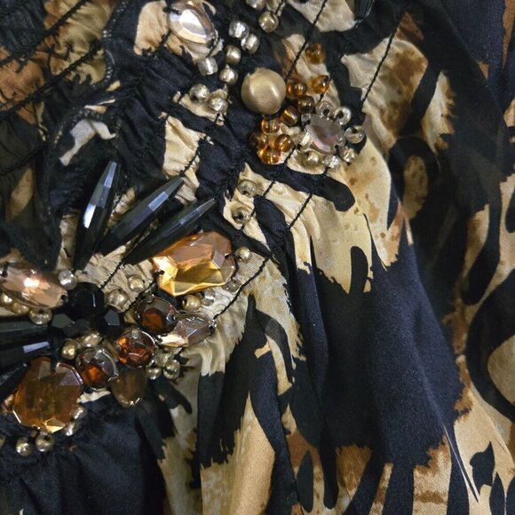 Cache Silk Animal Print Beaded Smocked Detail Balloon Sleeve Beaded Tie Size M - Picture 4 of 8